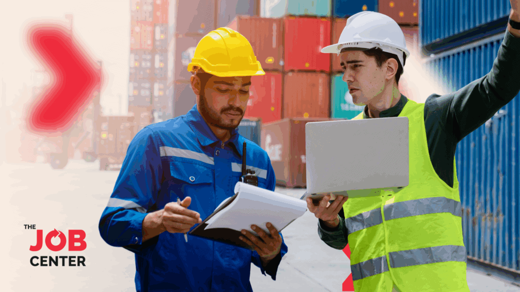 Two logistics employees discuss work