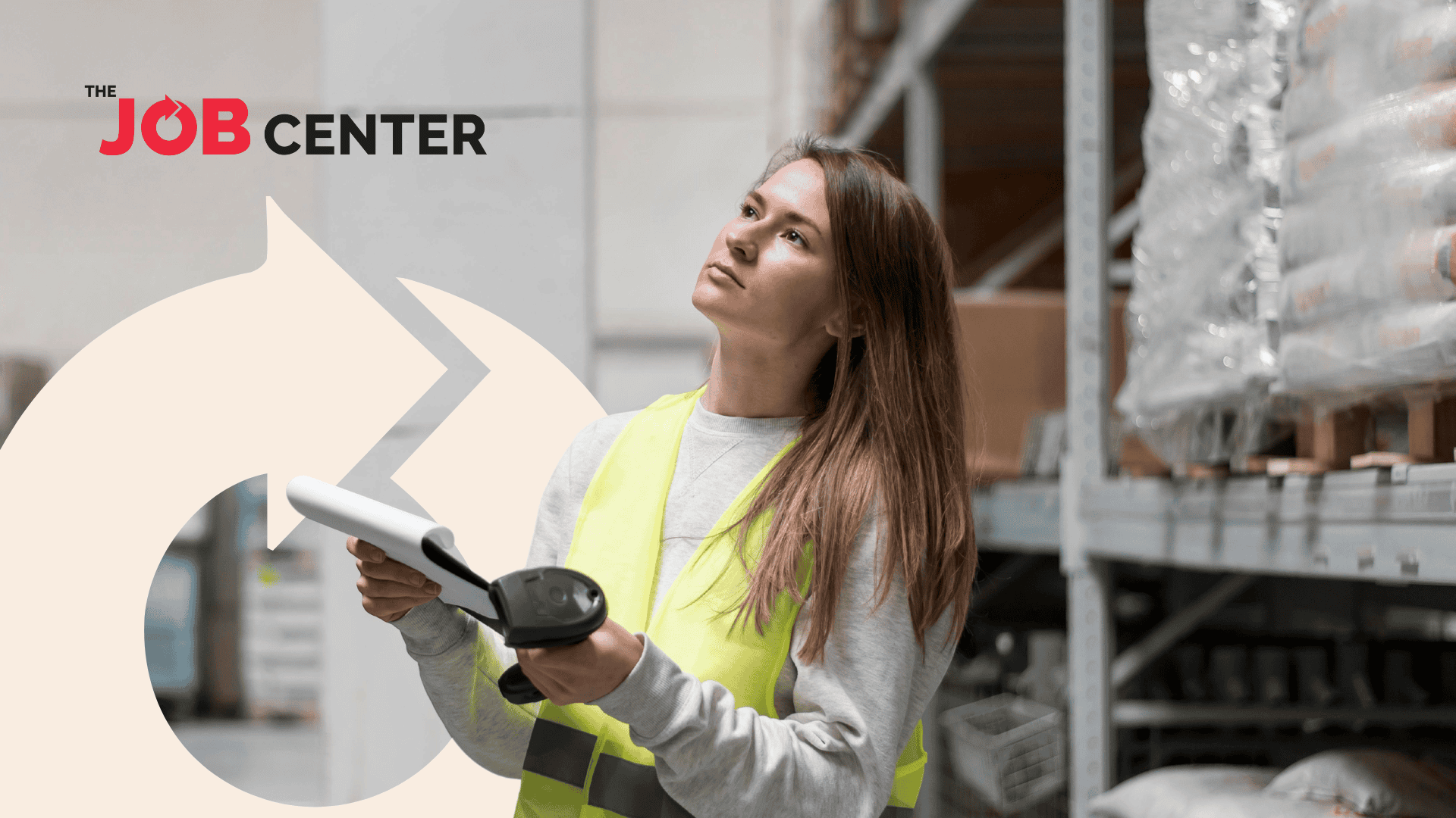 Female warehouse staff wearing a safety vest stands holding a clipboard and scanner, observing the warehouse shelves